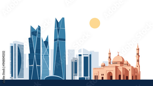 Modern city skyline with skyscrapers and a traditional mosque under a bright sun representing a Middle Eastern capital city.