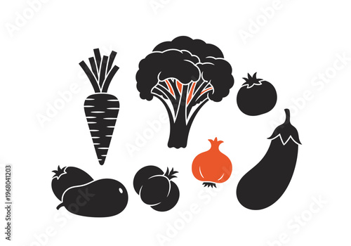 Minimalist Vegetable Silhouette Icon Set Featuring Broccoli, Carrot, Eggplant, and Tomato for Healthy Food and Vegan Cooking Design