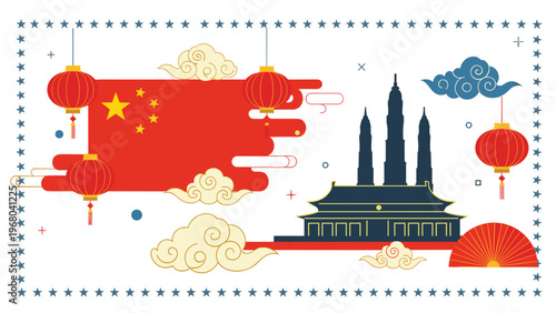 Chinese national flag background with traditional lanterns, clouds, and a silhouette of a historic temple and tower.