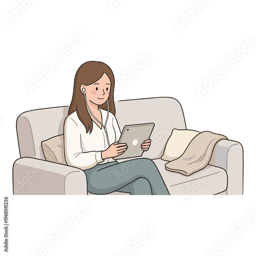 A woman sits on a couch using a tablet with a relaxed expression.