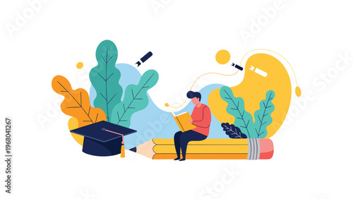 Student sitting on a giant yellow pencil and reading a book with a graduation cap and colorful leaves nearby.