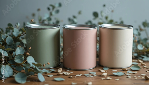 three cans of colored paint on a wooden table