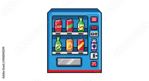 This pixel art vector illustration features a blue vending machine stocked with colorful soda cans and bottles, set against a plain white background.