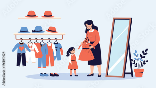 Mother and young daughter picking out a dress in a colorful children's clothing store with hats and mirrors.