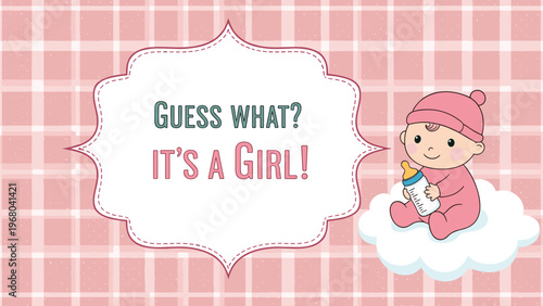 Baby girl announcement card with a cute infant sitting on a cloud with a milk bottle on a pink plaid background.