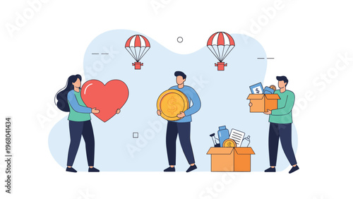 Group of people donating items like money and food into boxes with parachutes representing help and charity support.