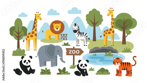 Zoo landscape illustration features wild animals like lion, elephant, giraffe, zebra, tiger, panda, and more in a natural habitat setting.