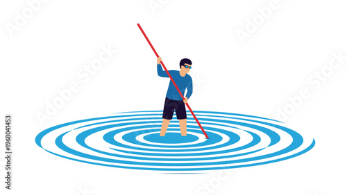 Illustration of a man standing in a whirlpool using a long red pole to navigate or test the water depth in a circular blue vortex.