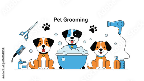 Pet grooming service illustration with three cute dogs being washed and groomed with scissors and a hair dryer.