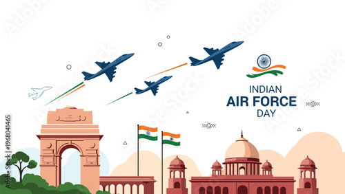 Indian Air Force Day celebration graphic showing military jets flying over the India Gate and President House with the national flag.