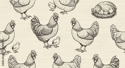 Vintage Hand-Drawn Chicken and Chick Seamless Pattern - Engraved Style Farm Poultry Illustration