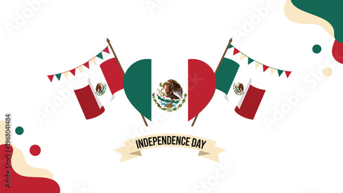 Mexican Independence Day celebratory design featuring national flags, decorative buntings, and abstract shapes in green, white, and red colors.