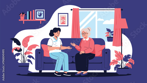 Professional nurse or caregiver providing home care service to an elderly woman sitting on a sofa in a cozy living room environment.