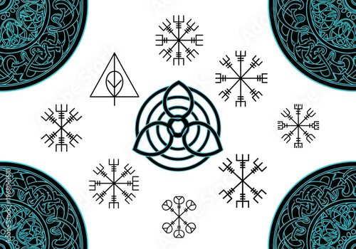 Collection of Viking and Norse Mythology Symbols including Vegvisir, Aegishjalmur, and Celtic Knotwork Patterns