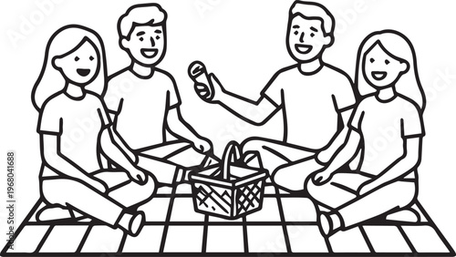 Four friends share a delightful picnic, seated on a blanket, enjoying food. Illustration of camaraderie and leisure.