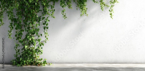 Ivy vines cascade down a textured white wall, casting shadows. Concrete floor below