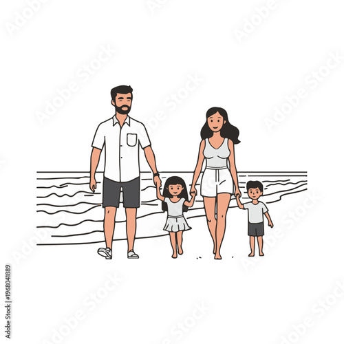 A Family Stroll by the Sea in a delightful illustration, with the calm ocean as backdrop. 