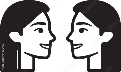 Two smiling faces in a close-up, illustrating a connection, and a friendly interaction, in a modern, minimalistic style.