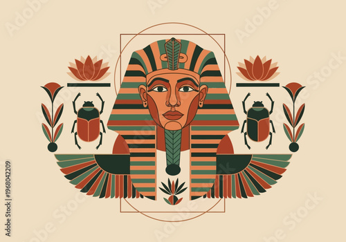 Modern Egyptian Pharaoh Vector Illustration with Scarabs and Lotus Flowers. Stylized King Tut Graphic Design with Ancient Egypt Symbols and Geometric Elements.