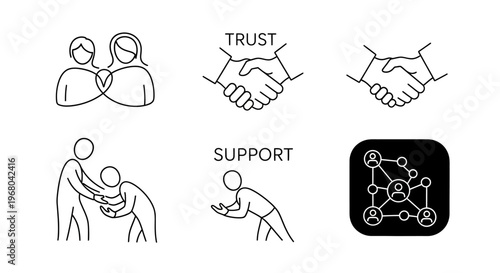 Collection of outline icons symbolizing human connection, trust, support, collaboration, and community building for various social and professional applications
