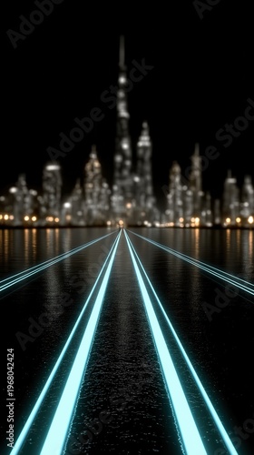 Lights and reflections near a city skyline at night