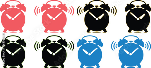 Alarm clock vector icons, ringing and silent timepieces in red, black, and blue. Essential graphic resources for scheduling, deadlines, and notifications.