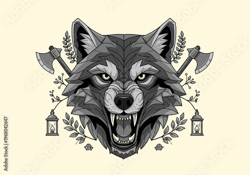 Aggressive Wolf Head Vector Illustration with Crossed Axes and Lanterns, Viking Style Geometric Wolf Emblem for T-shirt Design and Branding