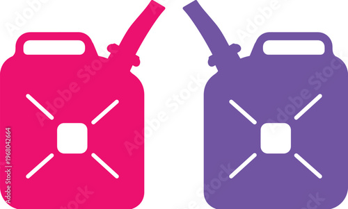 Vibrant pink and purple gas cans, fuel containers for energy and automotive concepts. Two colorful jerrycans, vector illustration for transportation and power themes.