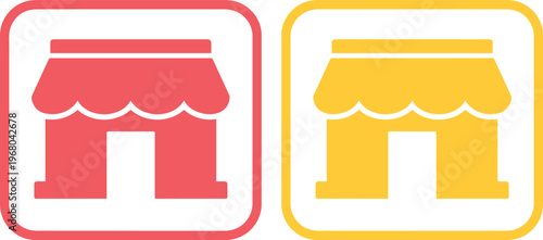 Vibrant shopfront icons, a set of two stylized store or market building vectors. Modern retail business symbols for e-commerce, shopping, and online marketplace designs.