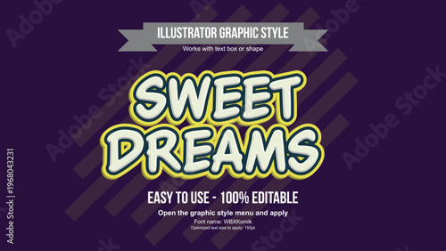 A graphic design advertisement for an editable illustrator graphic style with a purple background and white text