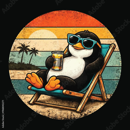 Relaxed Penguin Sunglasses Beer Vintage Graphic Tee Design