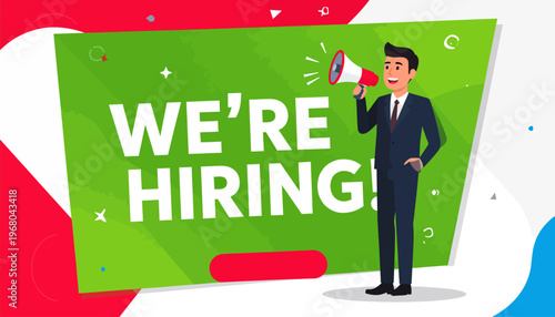 Businessman with megaphone announcing We're Hiring for job recruitment.