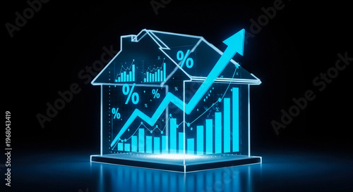 Glowing blue neon holographic house displaying internal rising financial percentage chart representing real estate market property investment mortgage rates growth wealth economy