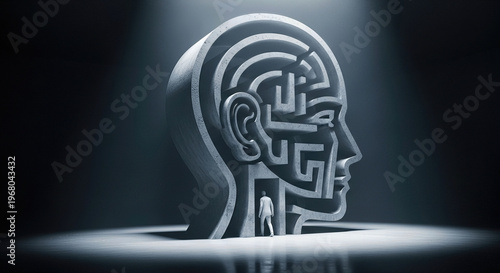 Psychology mental health concept tiny man silhouette entering huge concrete human head shape maze abstract architectural structure representing complex brain function solving problem