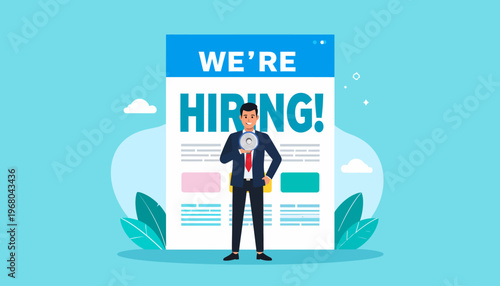 Man with Megaphone in front of We're Hiring job advertisement.