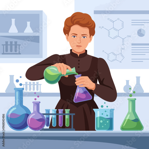 Fotografie The image displays a scientist pouring colorful liquids into beakers, highlighting the process of experimentation in a laboratory, invoking curiosity and the spirit of discovery