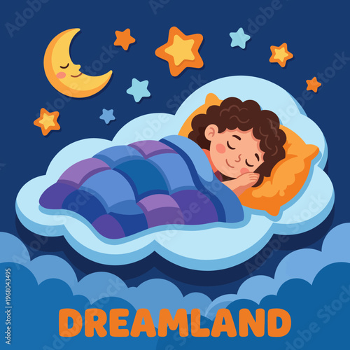 This charming illustration features a child sleeping peacefully under a blanket in dreamland, surrounded by stars and a moon, evoking feelings of tranquility and imagination.