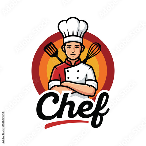 An engaging illustration of a confident chef with crossed spatulas and whisk in a retro style. Perfect for restaurant menus, cooking classes, or chef-themed products.