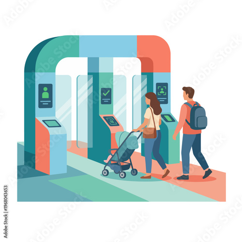 Families approach a high-tech smart entry system equipped with digital screens and biometric verification, illustrating modern convenience and safety innovations in public spaces.