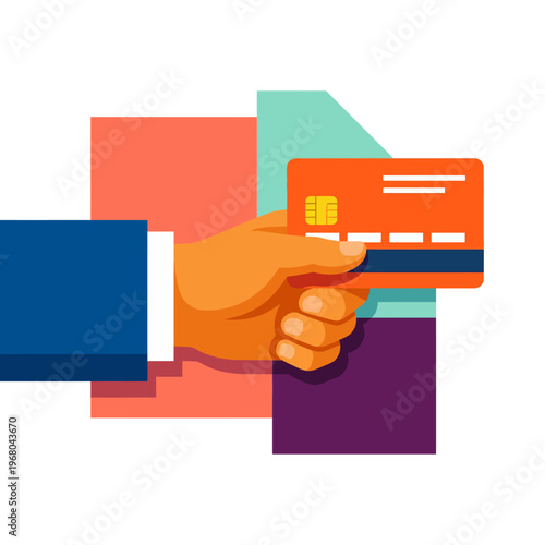 A close-up depiction of a hand confidently presenting a credit card against an abstract colorful background, symbolizing transactions, trust, and modern consumerism in the digital world.