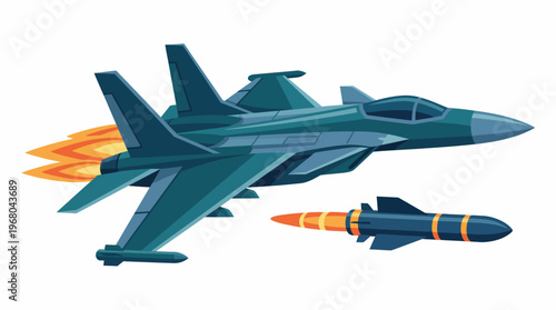 An action-packed illustration of a fighter jet soaring through the sky while carrying a missile, representing military power, speed, and technological advancement in aviation.