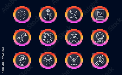 Space set icon. Star cluster, astronaut explorer, satellite station, astronomy book, telescope observation, alien planet creature, astronaut suit, helmet portrait, planet location marker