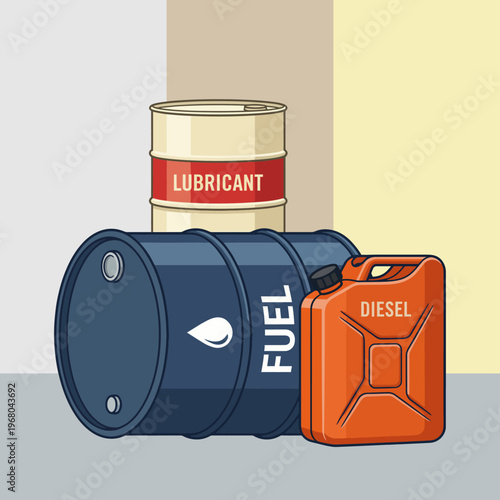 An illustrative depiction of industrial fuel containers showcasing a barrel labeled 'Lubricant', a diesel canister, and a fuel drum, representing energy and industry.