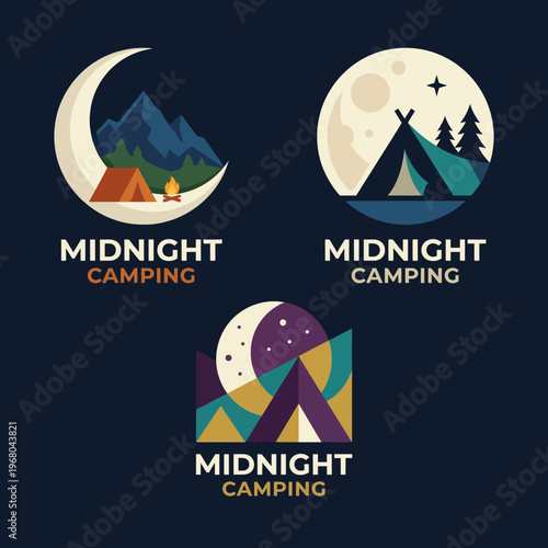 This logo features elements of camping under a moonlit sky, symbolizing adventure and the beauty of nature, perfect for outdoor and recreation brands.