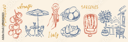 Doodle vintage mediterranean summer vacation elements