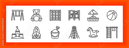 Playground toys set icon. Swing set, teddy bear, activity panel, drum set, sandbox umbrella, beach ball, sand castle, toy rocket, sand bucket, climbing net, rocking horse, ladder bars