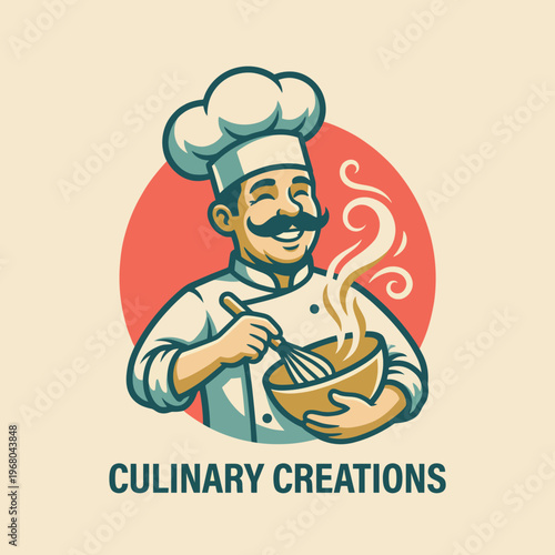A joyful chef is portrayed cooking with a mixing bowl and whisk, radiating passion for culinary arts, making it ideal for food and cooking-related branding.
