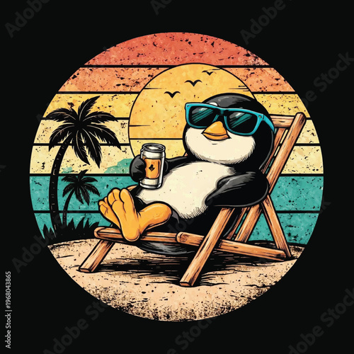 Relaxed Penguin Sunglasses Beer Vintage Graphic Tee Design