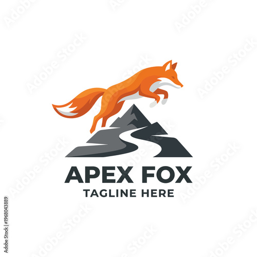 This logo features a vibrant orange fox gracefully leaping over dark mountains, symbolizing agility and adventure, perfect for outdoor or adventure branding.
