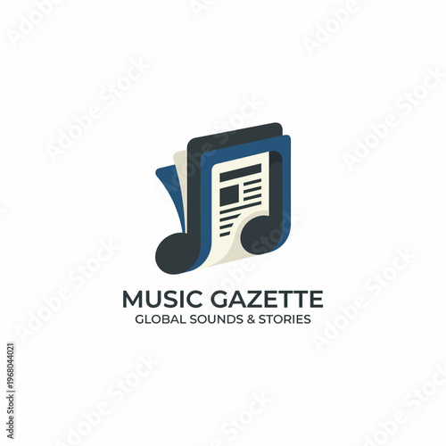 A stylish logo for 'Music Gazette' featuring musical notes and a paper design, representing a fusion of auditory culture and storytelling in a contemporary media format.
